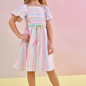 Vestido rayado pastel con lazo