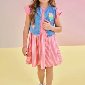 Conjunto Niña Vestido Rayas Coral con Jeans Vest