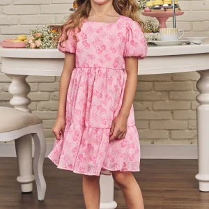 Vestido Rosado Estampado Cerezas con Mangas Globo