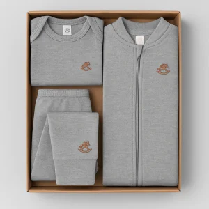 Ajuar Bebé 100% Algodón Gris – Body, Panties y Enterito