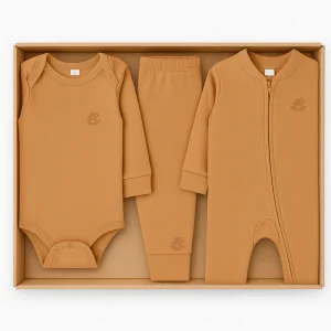 Ajuar para Bebé 3 Piezas Algodón Camel – Body, Pantalón y Enterito