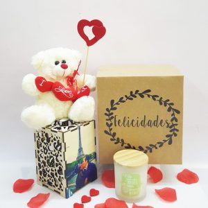 Peluche corazones+porta velas+vela mensaje